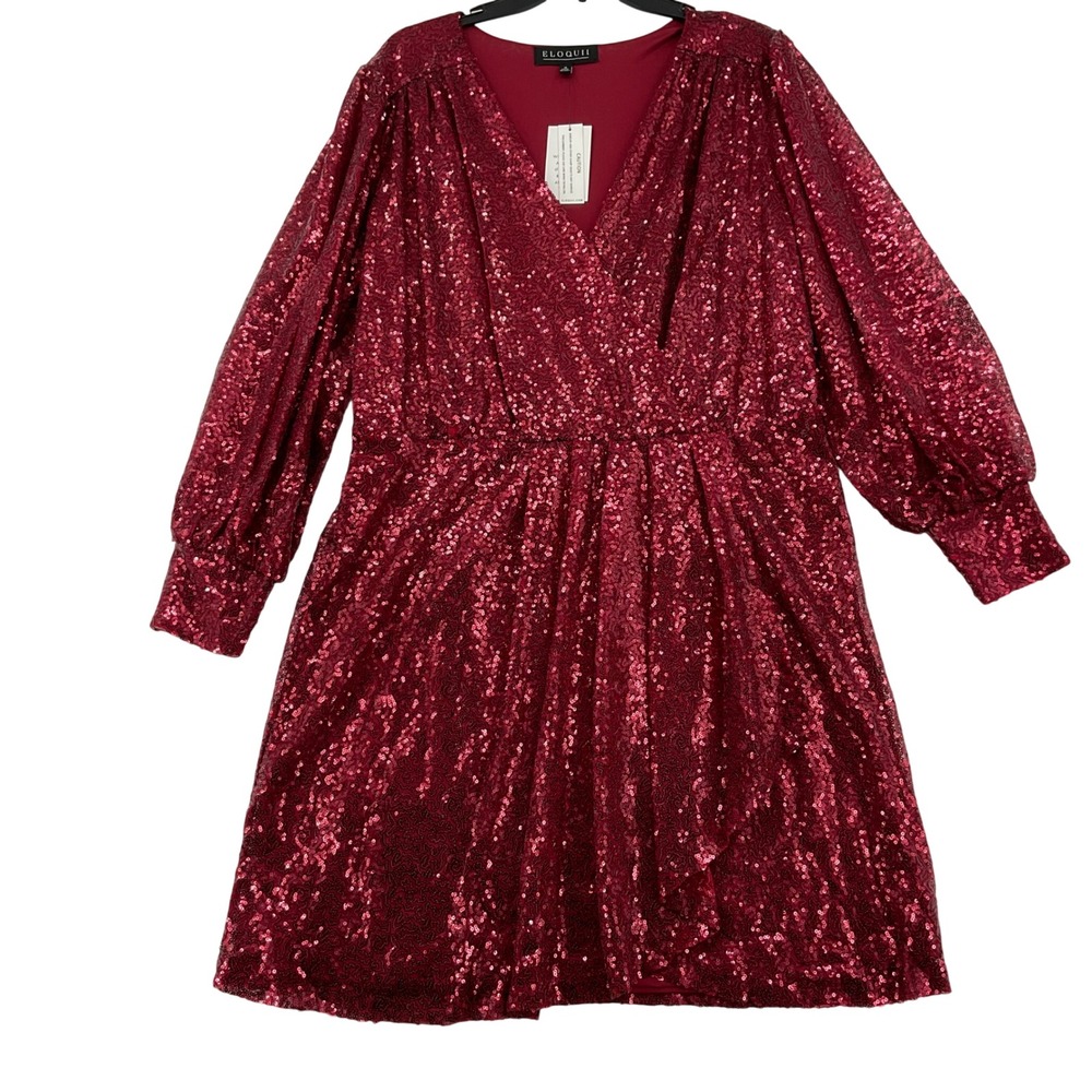 ELOQUII Haute Red Sequin Wrap V-Neck Balloon Sleeve Mini Dress Plus Size‎ 16 NEW